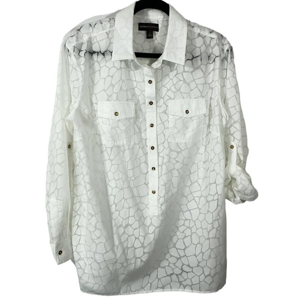 Dana‎ Buchman Women's SZ L White Cotton Blend Roll Tab Sleeve Animal Print Top
